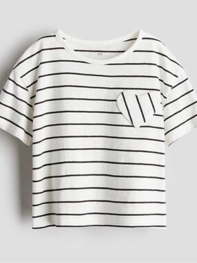 H&M White & Black Striped Tee with Heart Pocket, 2T